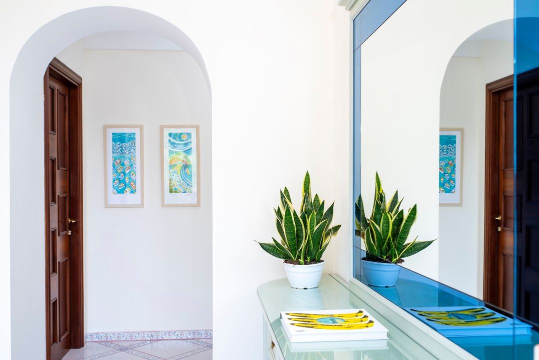 A bright interior hallway with arched doorways, potted snake plants, framed blue artwork, and a mirror reflecting the Mediterranean-style décor.